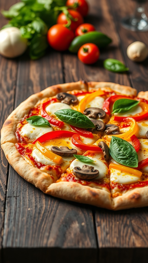 Artisan pizza with mozzarella, bell peppers, mushrooms, and basil on a wooden table, cut into slices.